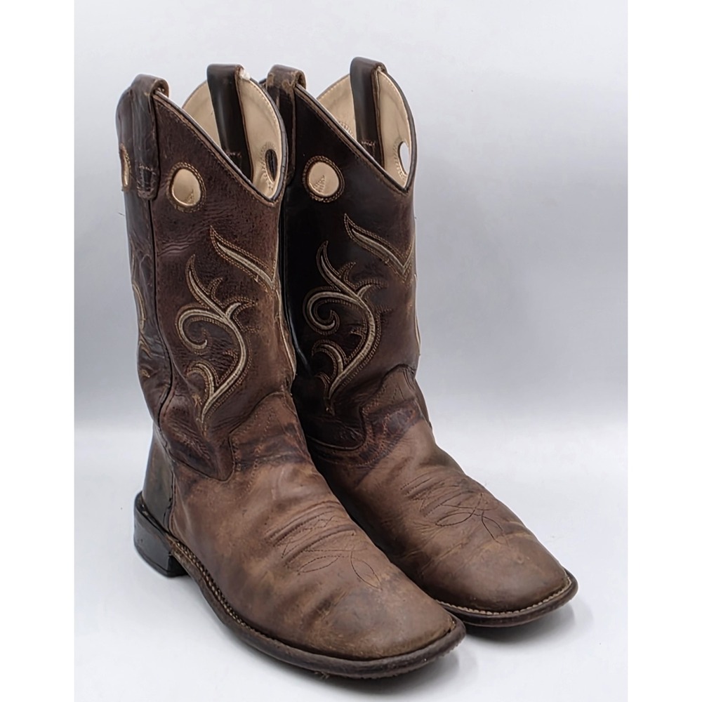Old West BSY1807 Distressed Brown Swirl Square Toe Western Boots Youth 5D